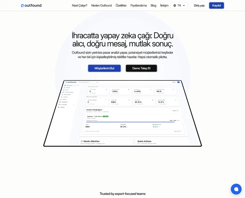Outfound.ai projesinin web sitesi görünümü